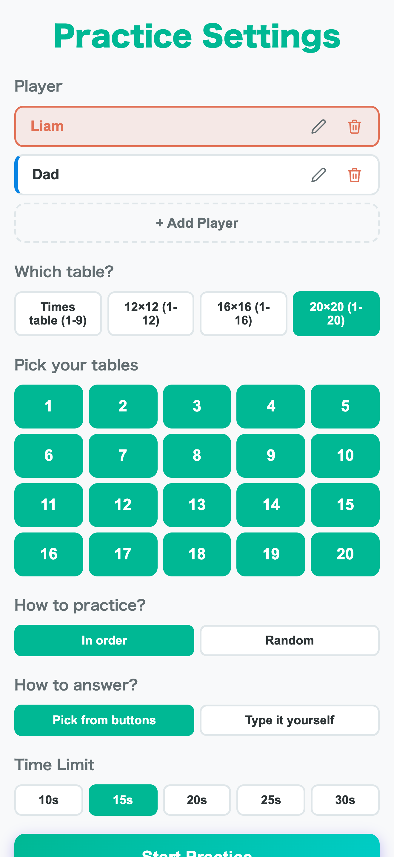 Practice mode setup